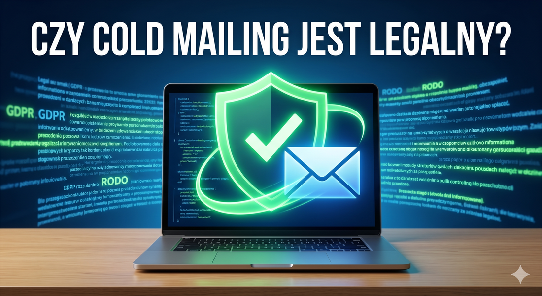 Zielona tarcza ochronna nad ikoną maila na ekranie laptopa, symbolizująca legalny cold mailing B2B zgodny z RODO