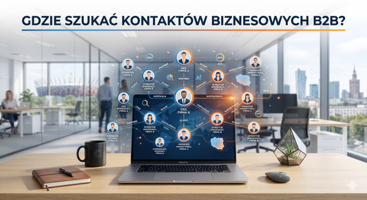 Nowoczesny laptop wyświetlający sieć powiązań podczas szukania kontaktów biznesowych B2B