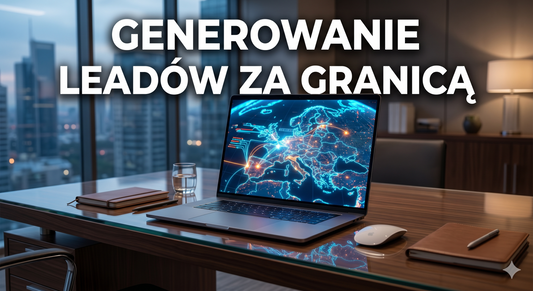 Cyfrowa mapa Europy na ekranie laptopa z wyróżnioną Hiszpanią, Portugalią i Estonią, symbolizująca generowanie leadów za granicą